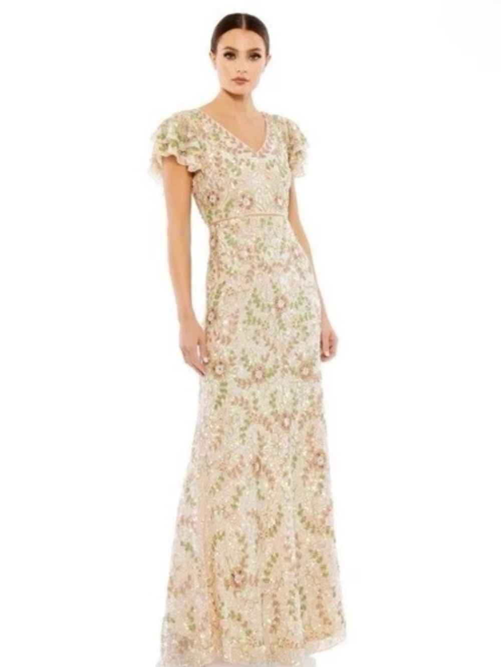MAC DUGGAL EMBROIDERED EMBELLISHED SEQUIN LONG DRESS NUDE 16 10772 $698